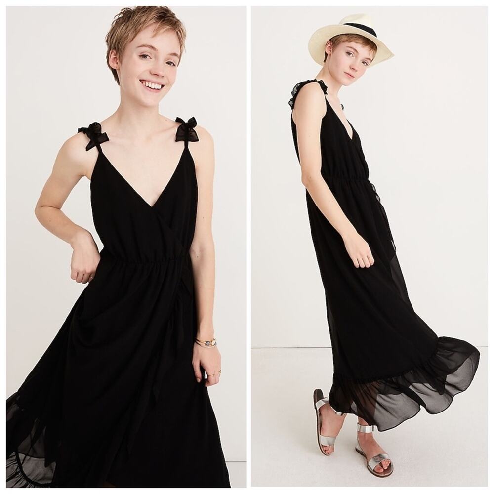 Madewell Black Chiffon Maxi Dress Petite Ruffle-Strap Wrap V-neck